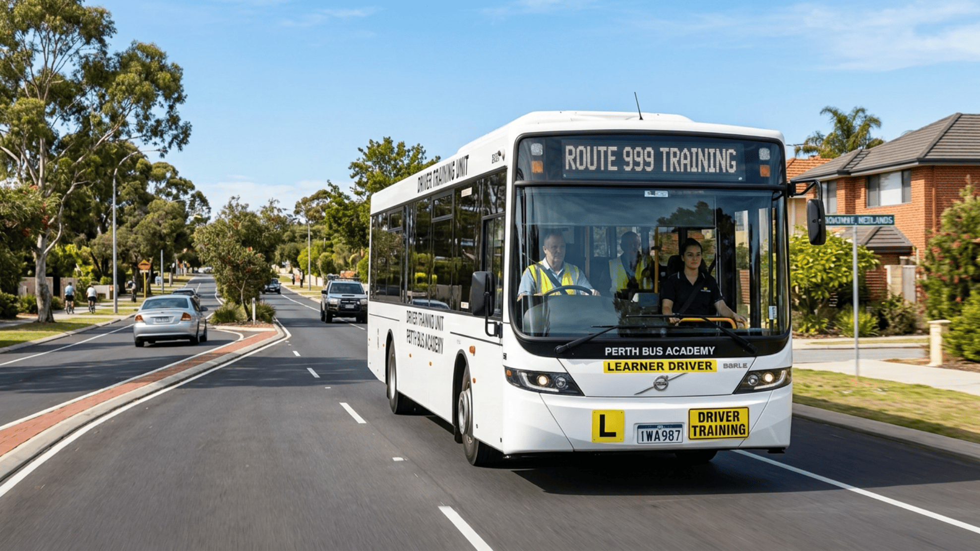 Training bus driving on road